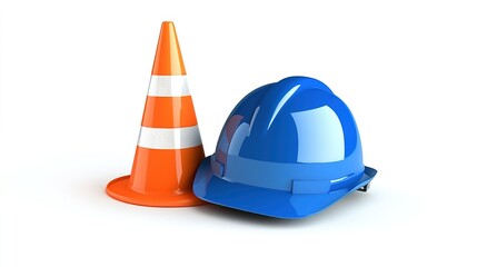Safety Helmet and Traffic Cone, Showing Construction Safety Protection Scene