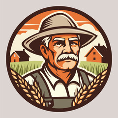 Elderly Caucasian farmer stands proudly before his wheat fields wearing overalls and a hat