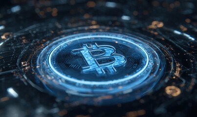 Abstract digital representation of a bitcoin. A glowing, circular bitcoin symbol centered within a complex network of glowing lines and shapes. A futuristic, high-tech aesthetic