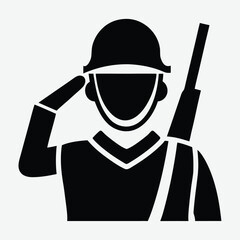 Silhouette shows soldier in helmet saluting with rifle over shoulder for defense