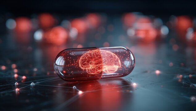 A translucent capsule, brain-shaped