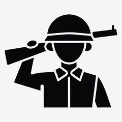 Silhouette of a soldier in helmet saluting while holding rifle on shoulder