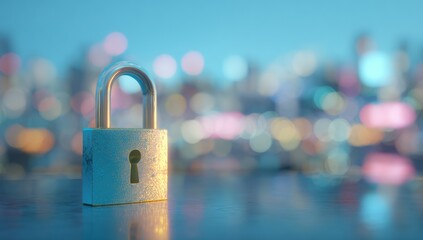 Padlock on a reflective surface, city lights in the background