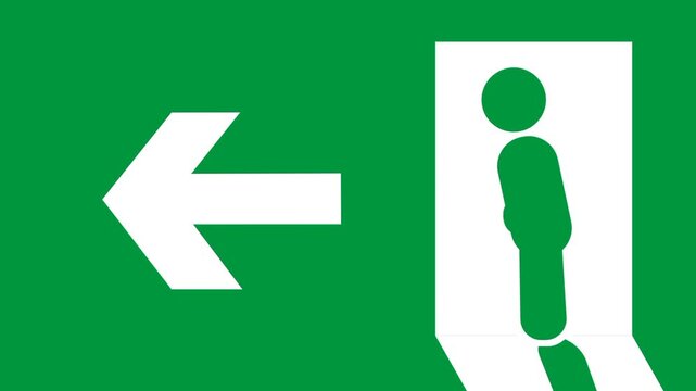 An emergency exit sign with a figure walking left, symbolizing the designated safe direction to leave a building in case of emergency