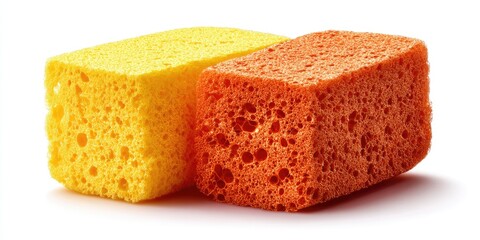 Two rectangular cellulose sponges, one yellow, one orange, rest together on a white background