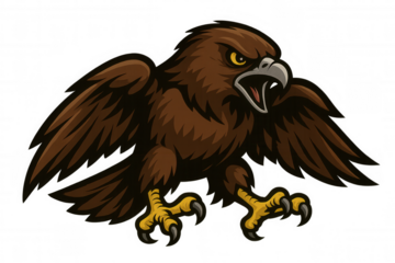 Illustration of an aggressive hawk with spread wings preparing to attack, isolated on a transparent background