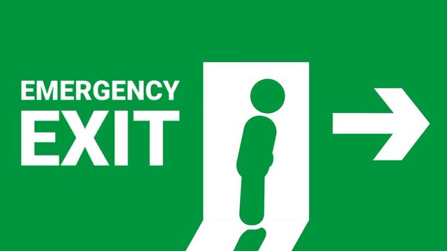An emergency exit sign with an arrow pointing right, showing the designated escape direction for safety during emergencies