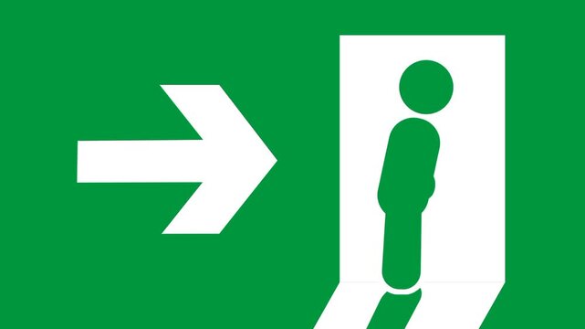 An emergency exit sign with a figure walking rightward, symbolizing the designated escape route and safe exit path ahead