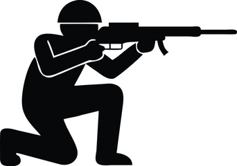 Obraz premium Kneeling soldier icon aiming a rifle presents a powerful black silhouette on white