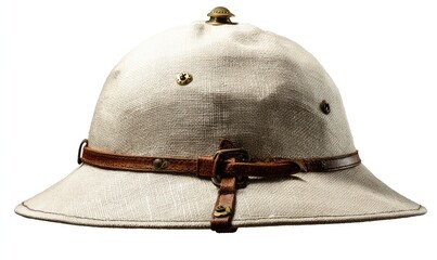 Off-white canvas pith helmet with brown leather chin strap and brass accents;  wide brim, slightly worn appearance