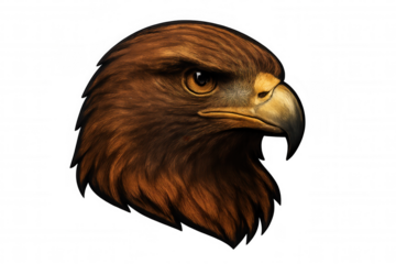 Golden eagle head profile, digital painting rendering with detailed feather texture, facing rightward on transparent backdrop