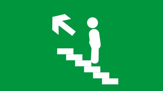 A green safety sign depicting a person walking upstairs to show a designated safe exit path leading upward during emergency evacuations