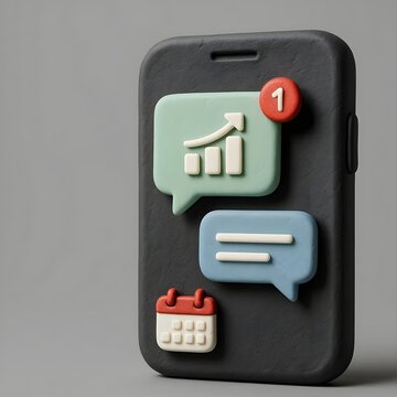 Clay-style smartphone with productivity notifications showing analytics, messages and calendar reminders