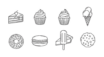 Collection of sweet dessert icons in a simple line drawing silhouette style