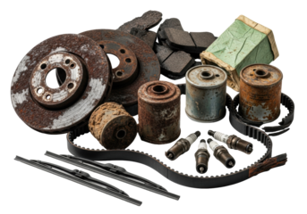Heavily corroded vintage automotive remnants like brake discs, spark plugs, and a frayed timing belt, scattered on a transparent background, revealing decay concept of industrial obsolescence