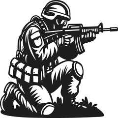 Soldier wearing tactical gear kneels and aims rifle in black and white silhouette
