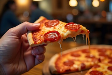 A hand holds a hot slice of pepperoni pizza