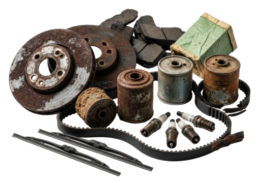 Heavily corroded vintage automotive remnants like brake discs, spark plugs, and a frayed timing belt, scattered on a transparent background, revealing decay concept of industrial obsolescence
