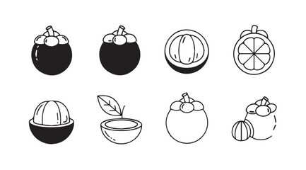 Collection of mangosteen fruit illustrations in a distinctive silhouette style