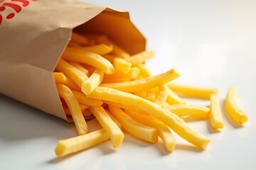 Delicious crispy french fries spilling from a paper bag on a light background