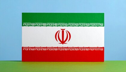 Iranian flag with emblem and Kufic script on split blue-green background