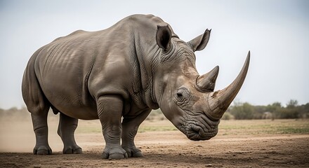 Fototapeta premium Majestic White Rhinoceros Standing Tall in African Savanna.