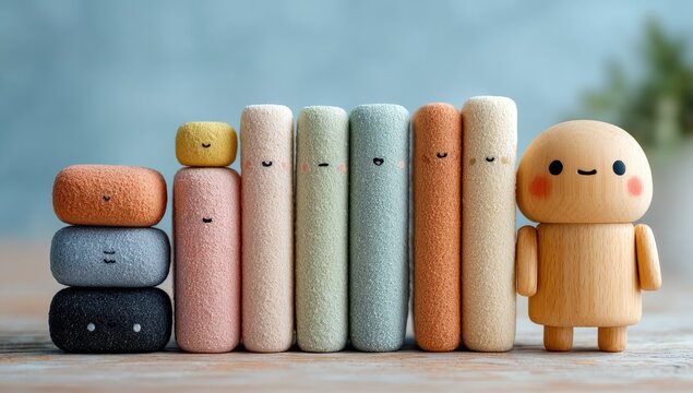 Cute, colorful, stacked figures & books