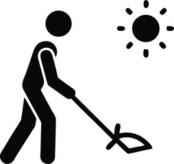 Black glyph illustrates worker using a gardening tool beneath the hot sun, creating a minimalist composition