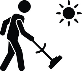 Stick figure is vacuuming during a sunny day, creating a minimalist home scene