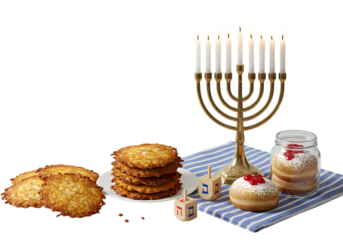 Hanukkah Celebration Menorah Latkes and Sufganiyot isolated on transparent background