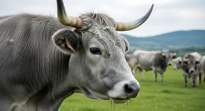Majestic Grey Cattle Grazing in Lush Green Pasture. - Powered by Adobe