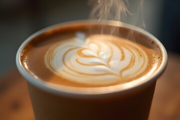 Hot latte with milk foam art in paper cup