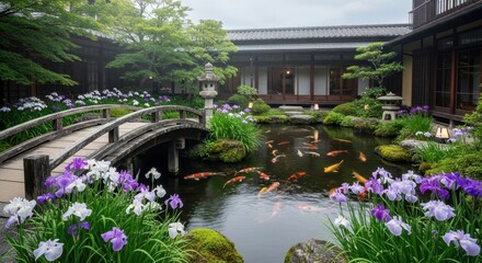 Japanese Garden with Koi Pond and Wooden Bridge
