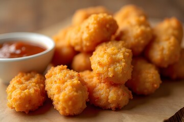 Delicious chicken nuggets with golden crispy breading served with sauce