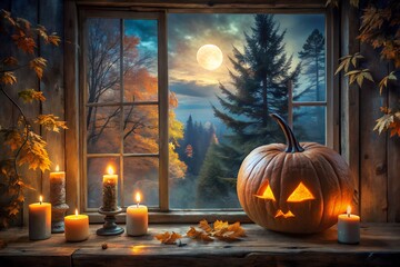 Obraz premium Cozy Halloween Night Scene with Carved Pumpkin and Candles by a Window Overlooking a Moonlit Autumn Landscape Evoking a Spooky