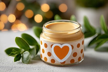 Creamy, light beige spread in a glass jar with a heart sticker and polka dots
