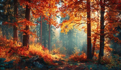 Autumn forest path bathed in golden light