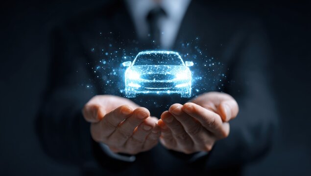 Businessman's hands hold a digital car image - Powered by Adobe