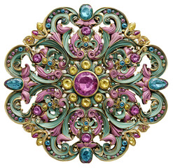 Vintage brooch with colorful gemstones isolated on transparent background