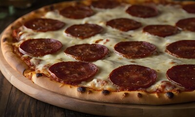 Delicious pepperoni pizza with melted cheese and sausage