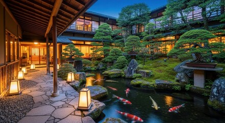 Obraz premium Tranquil Ryokan Garden with Koi Pond and Lanterns