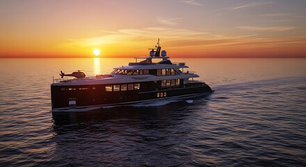Obraz premium Luxury Yacht Sailing at Sunset - A Serene Ocean Voyage.
