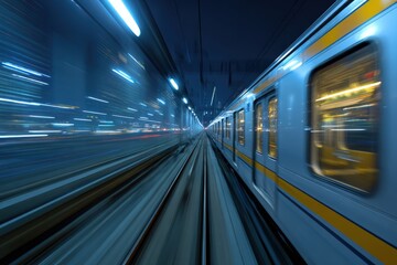Fototapeta premium Subway train moving quickly through a tunnel at night