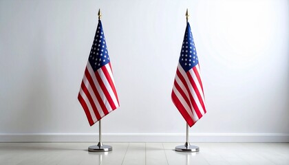 Two upright American flags on poles with gold finials against white wall