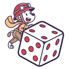 Whimsical cartoon character dressed as an aviator pushing a large white die with red pips symbolizing luck and chance in a playful adventure