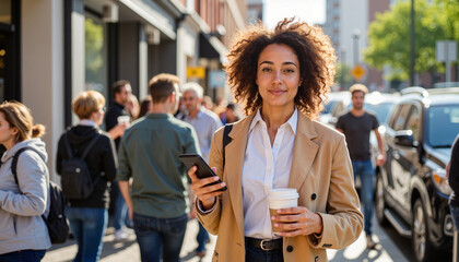 Smiling woman holding coffee and smartphone on busy sidewalk, urban lifestyle