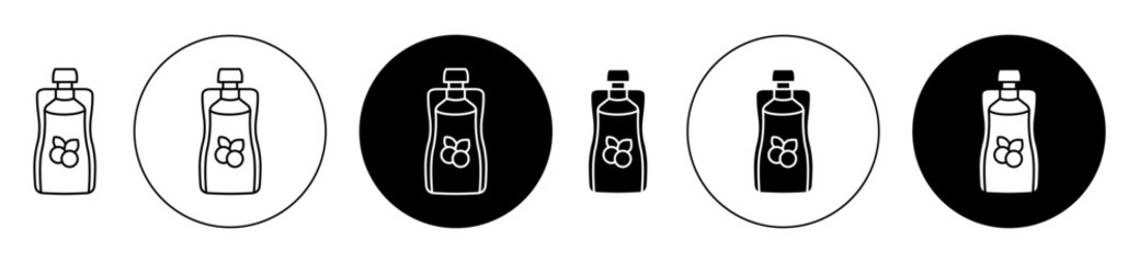 Baby food plastic bottle icons collection in black filled and stroke line style