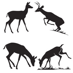 Obraz premium Collection of black silhouettes of deer in various poses including standing grazing and leaping against a white background