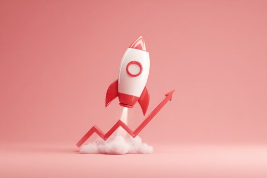 A red rocket launching upward with a rising graph on a pink background - Powered by Adobe