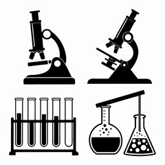 A collection of black and white silhouette icons representing scientific laboratory equipment including two microscopes test tubes in a rack and two flasks with bubbling liquids